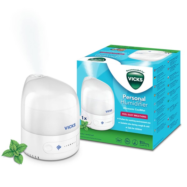 Vicks Personal Cool Mist Ultrasonic Humidifier - Small, Easy to Use, Quiet - Constant Mist Output - Home Use, Bedroom, Office, Nursery - Essential Oil VapoPad Included - Up to 5h for 10m2 - VUL510