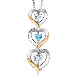 Gem Stone King 925 Silver and 10k Yellow Gold Sky Blue Aquamarine Swiss Blue Topaz and White Lab Grown Diamond Triple 3 Heart Shape Pendant Necklace For Women (1.00 Cttw, with 18 Inch Chain)