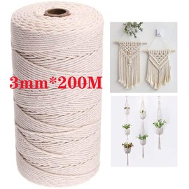 Macrame Cord 3MM*200M, 657 ft Natural Cotton Macrame String Twine,4-Strand Twisted Soft Unstained Cotton Rope for Handmade Plant Hanger,Decorative Projects Cotton String(Home Bedroom Living Room)