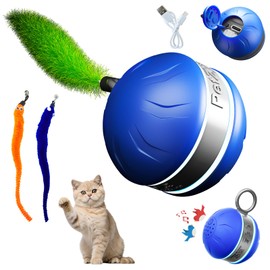 Interactive Cat Toys for Indoor Cats with 3 Mouse Tails,Electric Cat Ball Toy with Bird Chirping Sounds,Automatic Spinning Moving,300mAh Long Endurance Type-C Rechargeable,Pet Cat Supplies (Blue)