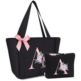 Vavabox 2 Pcs Gift Set Initial Tote Bag&Letter Makeup Bag,Gifts For Women&Bridemaid,Ideal For Wedding&Birthday(A, Black)