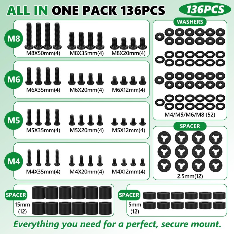 LuKaiSen 136Pcs Universal TV Mounting Hardware Screws Kit Set M4-M8