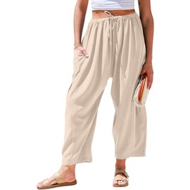 TARSE Womens Plus Size Linen Wide Leg Pants Casual Loose Drawstring Low Waist Beach Palazzo Harem Pants with Pockets(HeatherLightKhaki,XL)