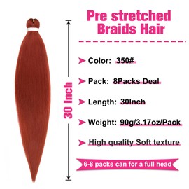 Unionbeauty 8 Packs 30 Inch Cooper Red Pre Stretched Braiding Hair Dark Ginger Long Braid Synthetic Crochet Hair for Boho Box Braids Hot Water Setting Yaki Texture Braid Hair Extension for Women(350#)