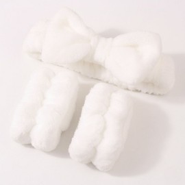 Pastel Microfiber Fluffy Wristband & Headband Set for Face Washing, Prevents Water Dripping 3-Piece Purple Set 3ea