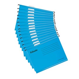 Esselte A4 Reinforced Cardboard Hanging File Folder Set of 15 Sturdy 100% Recycled Cardboard Folder with Tabs for Files and Documents in Office, School, Home Office, Blue, 628806