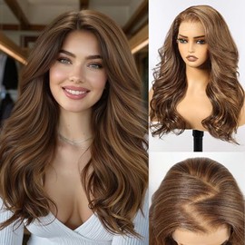 HAIRCUBE Peluca Sintética De Encaje Frontal Hd De 13 X 6" Rizada En Capas De 24" Densidad Natural Sin Pegamento Para Uso Diario Marrón mixto