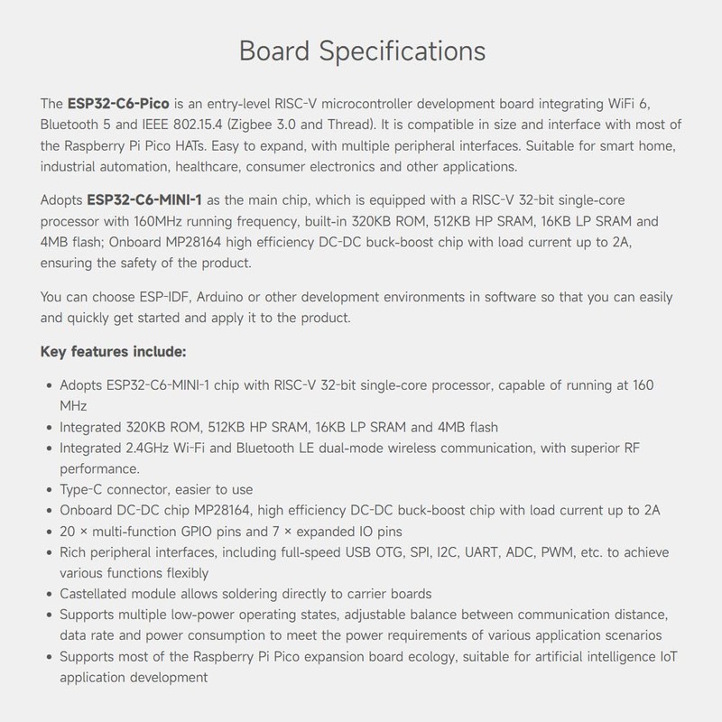 Waveshare ESP32-C6 Microcontroller, WiFi 6 Development Board, 160MHz Single-Core Processor,