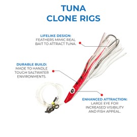 Offshore Fishing Gear: 4.5" Tuna Clone Rigs Red/White 6 pcs | Saltwater Lures for Tuna, Wahoo, and More