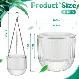 Meanplan 4 Pcs Self Watering Hanging Planter Indoor 6.5 Inch Hanging Baskets for Plants Outdoor Plastic Hanging Flower Pot with 3 Hooks Chains Drainage Holes for Garden Home, Medium Size (Clear)
