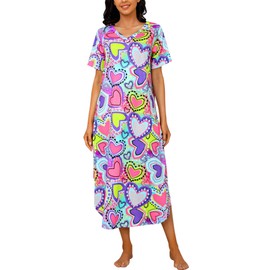 Marvmys Women Raglan Sleeve Full Length Nightshirt Short Sleeve Floral Print Long Nightgown(Pink,X-Large)