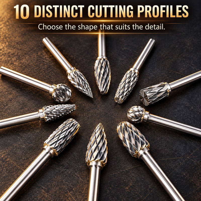 10-Piece Double-Cut Tungsten Carbide Rotary Burr Set for Grinding &