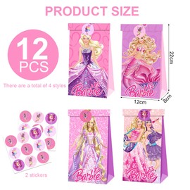 12 Princess Gift Bags with 18 Stickers, Gift Bag Party Birthday Bags, Candy Bar Bags, Party Bags Children's Birthday, Small Gift Bags, Pink