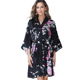 flintronic Kimono Robe Women's Satin Dressing Gown with Belt V-Neck, Black Print-M, M
