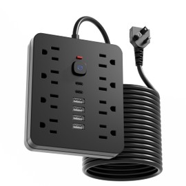 Power Strip Surge Protector, Chiefway 5 Ft Flat Extension Cord with 8 AC Outlets, 4 USB Ports, 2 USB C Ports and One Button Control, Multi Plug Wall Outlet for Home Office Dorm Room, Black