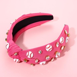 boderier Baseball Headband Hair Accessories Crystal Baseball Embellished Wide Knotted Headband for Women Game Day Accessories (Hot Pink)