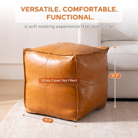 Pouf Ottoman Cover (Only Cover, No Filler), 17.7" Square Unstuffed Pouf Cover, Faux PU Leather Moroccan Poofy Ottoman Footstool, Brown No Filler Footrest, Floor Chair Gifts Foot Rest for Living Room