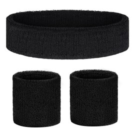 Flintronic Set of 3 Sweatbands, Soft Cotton Fitness Headband and Wristbands, Absorbs Quickly, Ideal for Football, Unisex-Black