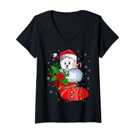 Womens Funny Havanese Dog In Christmas Socks Santa Havanese Xmas V-Neck T-Shirt