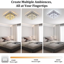 VETRULUS Modern Crystal Ceiling Light, 3-Color Changeable Chandelier Light Square Circular Chandelier Led Flush Mount Crystal Pendant Lighting Fixture for Hallway Livingroom Bedroom