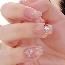 Pure Handmade Nails Press on Nail Reusable Fake Nails Short Nude Pink Rhinestones Medium Stick on Nails French Tip False Nails 10pcs (M, Q042)
