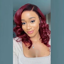 KHY.JNM Ombre 1B/99J Burgundy Short Bob Wave HD Lace Front Wig with Baby Hair Brazilian Remy Human Hair 13X6 Transparent HD Lace Glueless 150% Density Natural Hairline Wig for Woman 14 Inches