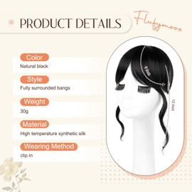 Flufymooz Clip in Bangs,12 Inch French Bang Fringe with Temples Hairpieces for Women Daily Wear-Natural Black