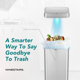 NINESTARS 13 Gallon Odor Neutralizing Smart Trash Can, UV + Ozone Dual Purification, Odor Control Motion Sensor Garbage Bin, Universal Power Adapter, ONT-50-81SL Stainless Steel, Silver, Nova Series