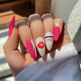 Heart Press on Nails Medium Almond Valentines Day Fake Nails, Red Lip Black 'love' Design White Pink Frosted Acrylic Nails Kit, False Nails New Year Fashion Nail Decorations 24 Pcs