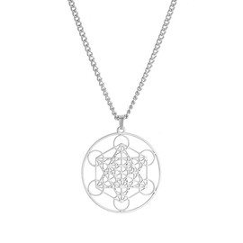 SIPURIS Metatron's Cube Necklace for Men Women Sacred Archangels King Solomon Seal Angel Chain Necklace for Men Stainless Steel Geometry Hollowed Out Charm Pendent Amulet Jewelry (Sliver)