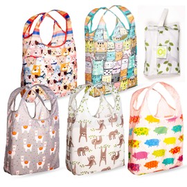 O-WITZ Reusable Shopping Bags, Ripstop, Folds into Pouch, 5 Packs, Animal Pics