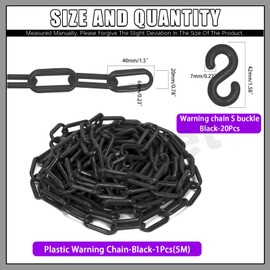 Swpeet 21Pcs 5M x 6mm Plastic Barrier Chain Black Plastic Safety Chain Plastic Chain Links with S- Hooks Plastic Chain Barrier Safety Barrier Chain for Fence, Parking, Crowd Control, Queue Line