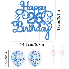26th Geburtstag Kuchen Dekoration Kuchen Toppers Zahl Kerzen Birthday Torten Dekoration Sternen Papierfächer Ballon Torte Toppers Kuchendeko für 26. Geburtstag Dekorationen Party Zubehör, Blau