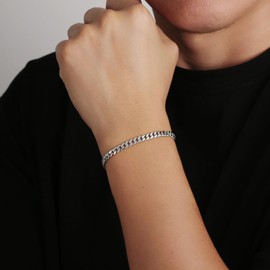 KRKC&CO Men’s Bracelets, Flat-Cut Cuban Link Bracelet Stainless Steel 5mm, Anti-Tarnish Nickel-Free, Thin Silver Hand Bracelet for Men(5mm-Stainless Steel, 9)