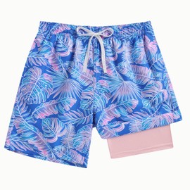 swimsobo Boys Swim Trunks Size 14-16 Years Kids with Compression Liner Swimming Shorts Swimsuits Blue Hawaiian Kids Boardshorts