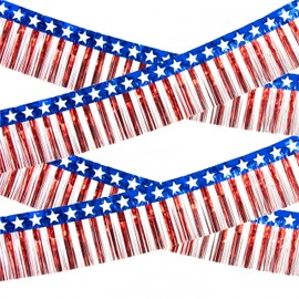4th of July Decorations 8 Pack 80Ft Tinsel Foil Fringe Garland Streamers Hanging Red White Blue Fringe Backdrop Banner for Parade Floats Decor 4th of July America Patriotic Day Memorial Day