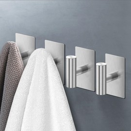 Biomoty Adhesive Hooks, 2 Packs Heavy Duty Wall Hooks, Stainless Steel Towel Hooks for Hanging Coat, Towel, Robe, Clothes, Wall Mount Stick on Hooks for Kitchen Bathroom (Brushed Nickel)