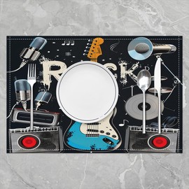 Feelyou Rock Music 18"x12" Placemat for Kitchen Dining Table Decor Indoor Outdoor Blue Guitar Musical Placemats Set of 4 for Kids Hip Hop Table Place Mats Set Music Theme
