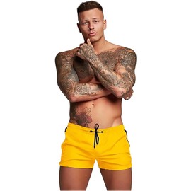 TONLEN Mens Swimwear Sports Shorts Swim Trunks with Zipper Pockets, Yellow, Medium