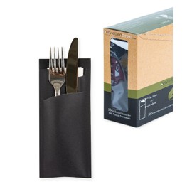 PRIME GUEST Cutlery Bags with Napkin 85 x 190 mm 2-Ply Tissue Napkin in White Napkins Bags Ideal for Catering and Celebrations (Black, Pack of 100)