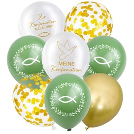 Cadimus 30 Stück Konfirmation Luftballons, 12 Zoll Latex Ballons Grün Gold Weiß, Meine Konfirmation Deko Mädchen Jungen, Helium Ballons für Taufe Erstkommunion Konfirmation Kommunion, 5 Design