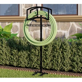 CALIDOLA Garden Hose Holder with Storage Basket - Heavy-Duty Freestanding Hose Organizer, Black Powder-Coated, Detachable Design Holds 150FT Hose, Includes Assembly Tools for Lawn, Yard, and Garden