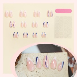 Press on Nails Medium Almond Fake Nails White French Tip with Swirl Designs Acrylic Nails for Women 24 Pcs (Style D, Medium)