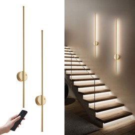Motion Sensor Battery Operated Wall Sconce Set of Two - Modern Rechargeable Wireless Wall Lights with Remote Control, Dimmable, 3000K/4000K/6000K, Timer for Living Room, Hallway, Gold, 39.3 Inch