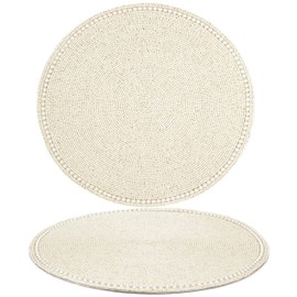 Beaded Placemats for Dining Table, 13 Inches Beaded Placemat Set of 2 for Farmhouse Decor and Kitchen Table Décor, Round Table Mats for Dining Tables, Non-Slip Place mats, Cream White - CLEENTABLE