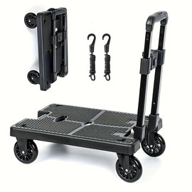 Foldable Dolly Cart, 300 LB Capacity, 4 Wheels, 2 Elastic Ropes, Platform Folding Hand Truck fit for Car, Travel, Moving, Shopping, Office Use (Black)