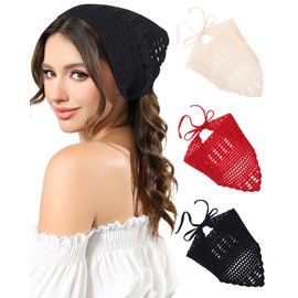 AWAYTR Crochet Head Scarf Hair Bandanas for Women Knit Bandana Headband Scarf Tie-Back Head Coverings Floral Headscarf for Girls (Solid Color - Black + Beige + Red)