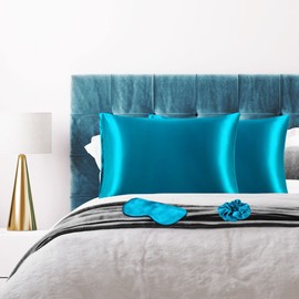PiccoCasa Satin Pillowcases for Hair and Skin with Eye Mask and Scrunchie Soft Pillowcase 2 Pack Envelope Closure Silky Bed Pillow Covers Set for Sleeping Peacock Blue 50 x 90cm