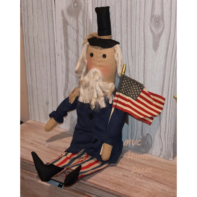 HS Decor Primitive Patriotic Doll US Uncle Sam Holding American