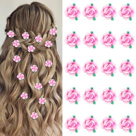YISSION 20pcs Mini Pink Flower Hair Clips for Girls & Women - Cute Rose Flower Hair Pins & Barrettes for Wedding & Bridal Hair Accessories